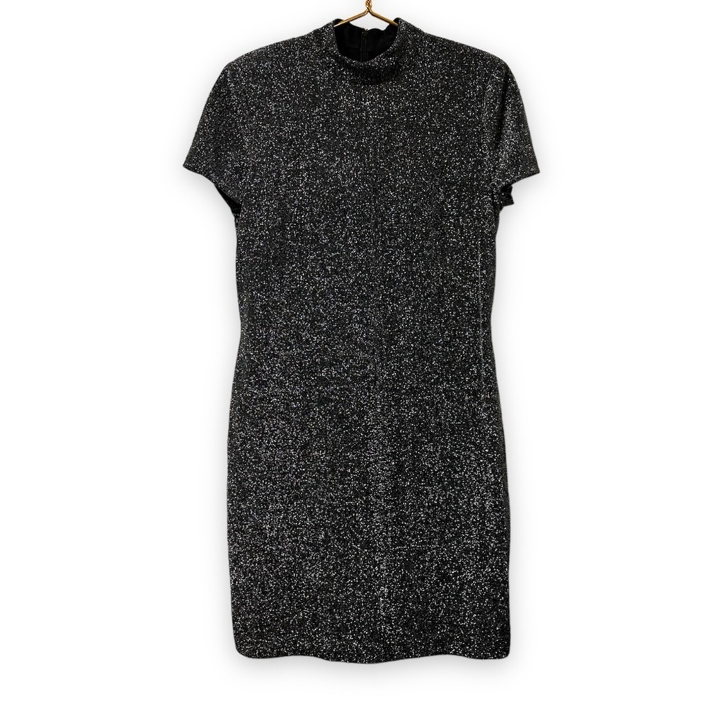 Vintage DW3 Black Metallic Short Sleeve Bodycon Dress Women’s Size 14 Party